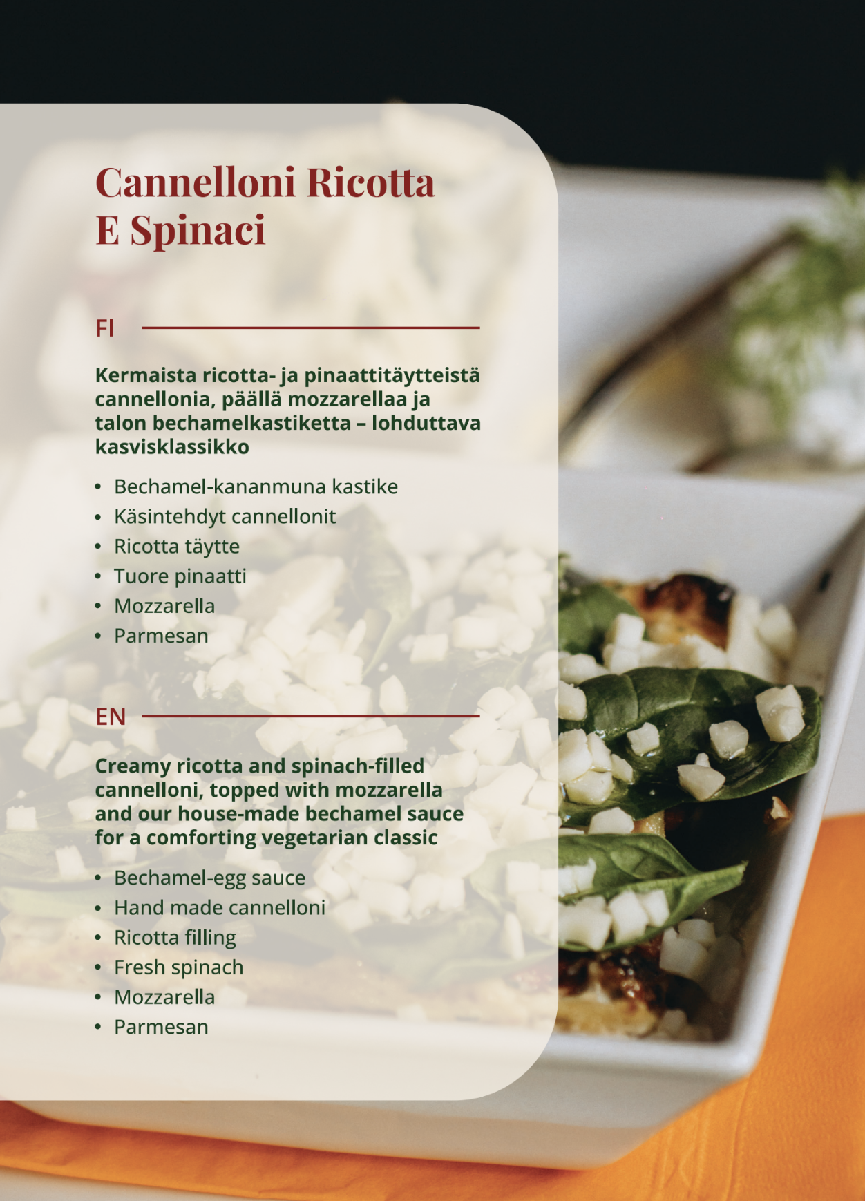 Cannelloni ricotta e spinaci – ricotta and spinach cannelloni at La Lasagna Helsinki