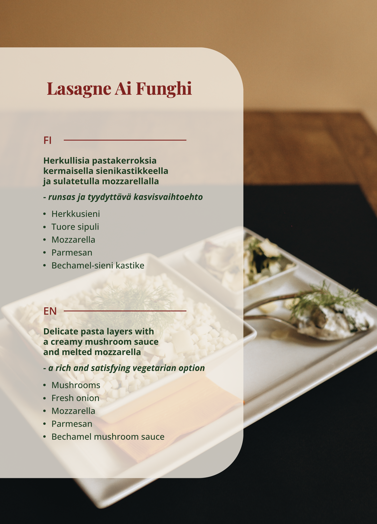 Lasagna ai funghi – baked mushroom lasagna at La Lasagna Helsinki