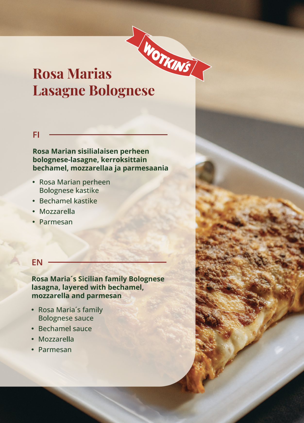 Rosa Maria's lasagna bolognese – classic beef bolognese lasagna baked fresh at La Lasagna Helsinki
