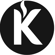 A black circular logo with a large, white letter 'K' in the center.