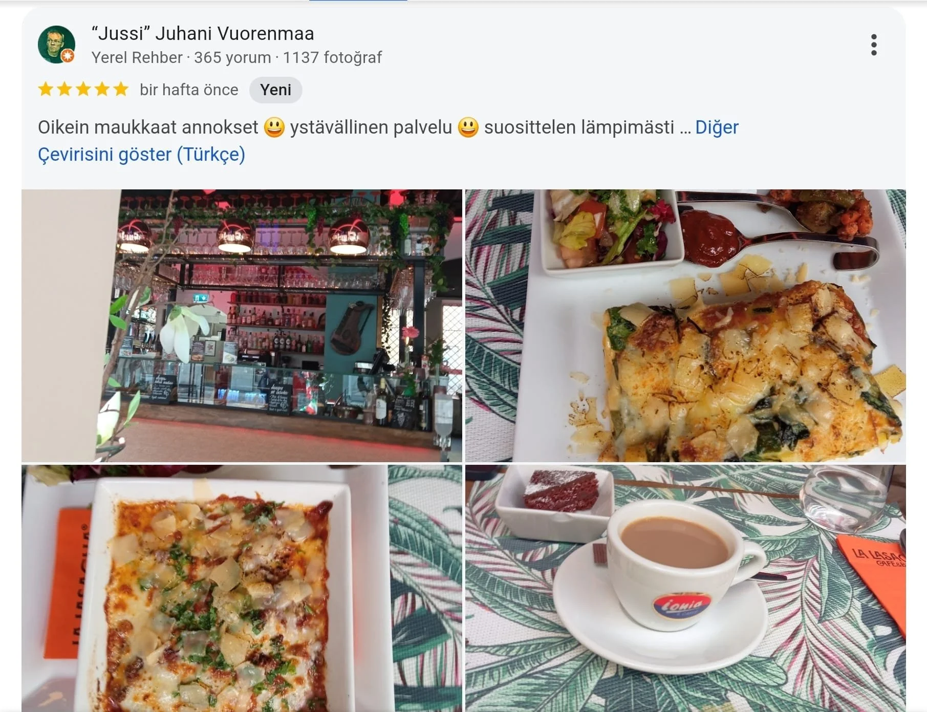 Collage of four images: a bar with bottles and decorations, a plate with salad and pizza, a baked dish with vegetables and cheese, and a cup of coffee with a small dish of jam on a patterned tablecloth.