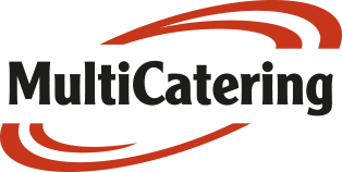 Multicatering logo with black text and red swoosh design above and below the text.