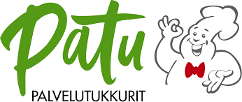 Logo for Patu Palvelutukkuri, featuring a cartoon chef with a white hat and red bow tie making an okay gesture with his hand.