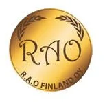 Gold circular logo with black text reading 'R.A.O Finland Oy' and decorative black laurel border.